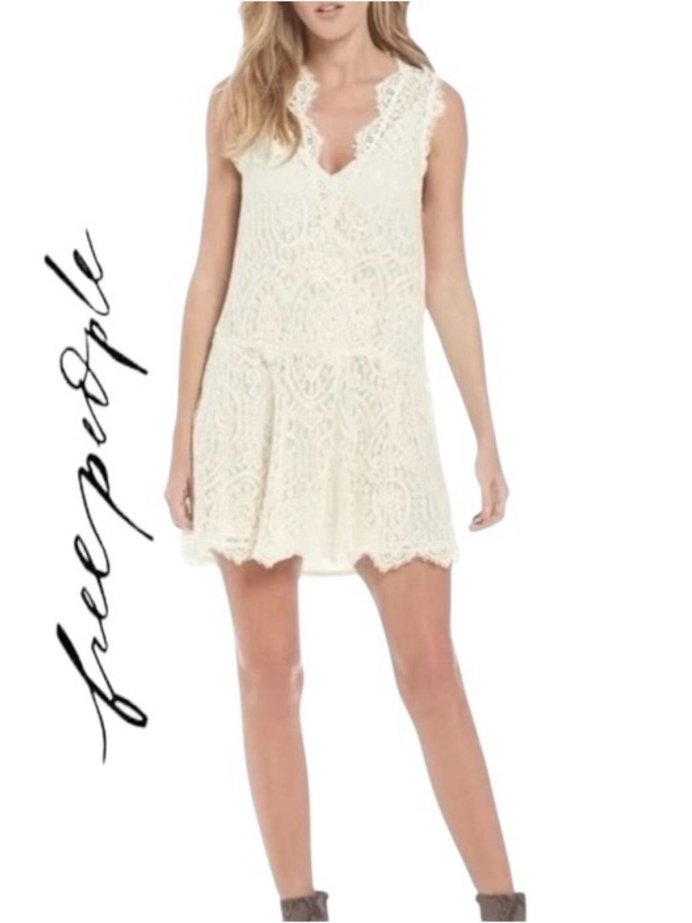 Free People Hearts In Two Lace Cream Mini Dress Size Medium